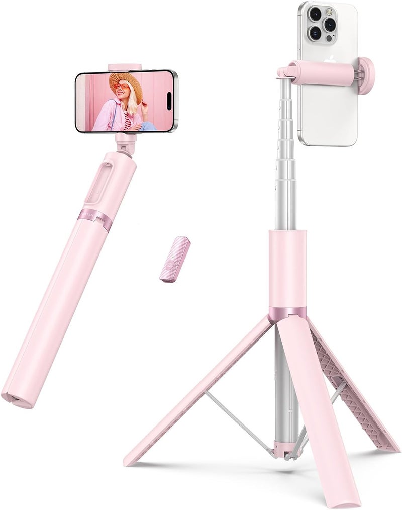 ATUMTEK 55" Selfie Stick Tripod, All-in-one Extendable Aluminum Phone Tripod with Rechargeable Bluetooth Remote for iPhone and More, Fitting 4.7-7 inch Smartphones, Pink - Image 1